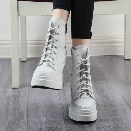 小个子内增高马丁靴女真牛皮短筒白色休闲运动短靴厚底坡跟高帮鞋商品大图