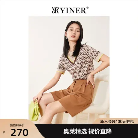 YINER音儿女装2022夏新款字母印花假V领针织衫套头商品大图