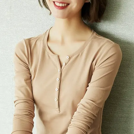 雀后2023春装新品上衣长袖t恤韩版女装圆领小衫开叉内搭打底衫商品大图