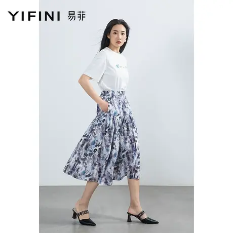 Yifini/易菲纯棉印花中长款碎褶半身裙女夏季新款A字裙大摆裙图片