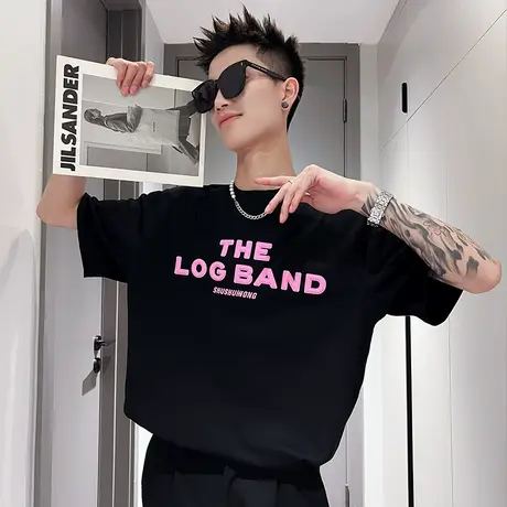 硅胶字母T恤男夏季短袖潮牌ins半截袖2023新款宽松半袖潮流百搭图片