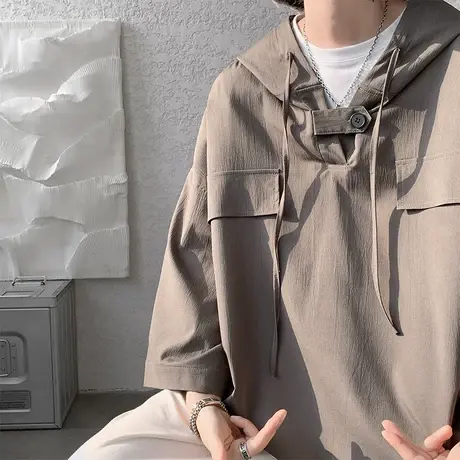 潮流冰丝透气薄款连帽七分半袖T恤男2024夏季时尚工装休闲上衣服商品大图