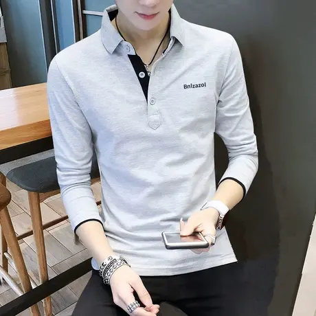 秋季男士长袖t恤韩版潮流翻领POLO衫百搭棉感上衣潮牌ins打底体恤商品大图