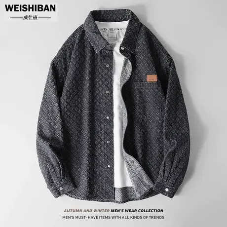 春秋季新款猫爪时尚勾花牛仔衬衫男高街痞帅复古美式罕见衬衣外套商品大图