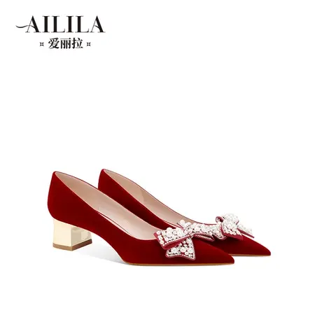 爱丽拉粗跟红色秀禾结婚鞋女2024新款春季敬酒服新娘高跟鞋不累脚商品大图