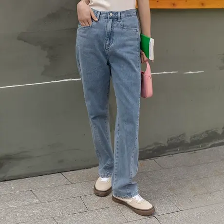 omont蛋挞家 复古高腰浅蓝色直筒牛仔裤女设计感修身小脚显瘦长裤图片