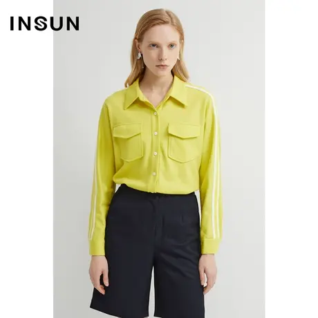 INSUN恩裳奥莱春季条纹口袋纽扣羊毛衬衫图片