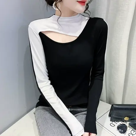 设计感拼色T恤女长袖2024春秋新款性感镂空打底衫网红修身上衣潮商品大图