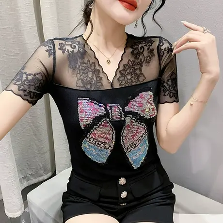 性感镂空烫钻T恤女短袖夏装2024新款洋气蕾丝拼接上衣修身V领小衫商品大图