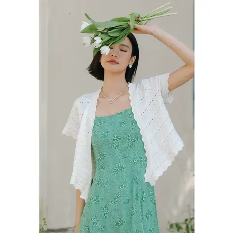 弥古白色防晒外搭开衫女夏法式小坎肩镂空罩衫冰丝短袖薄款针织衫图片