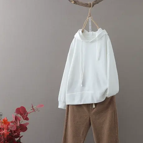 秋季新款女装文艺范纯色长袖宽松慵懒风套头卫衣休闲帽衫上衣外套图片