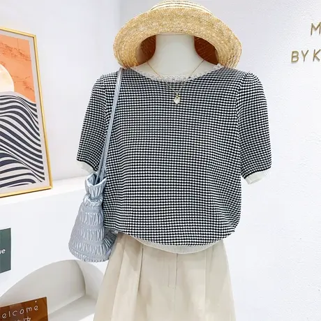 韩代同款~夏季小香风上衣法式甜美蕾丝拼接千鸟格子短袖针织衫T恤图片