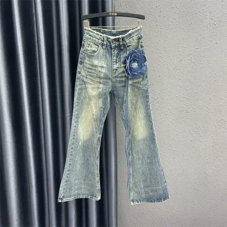 欧货时尚流苏毛边喇叭裤23秋季新款个性贴布高腰百搭牛仔微喇长裤商品大图