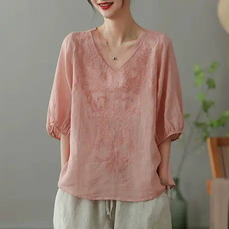dza复古绣花苎麻衬衫女2023夏季薄款V领衬衣漂亮显瘦棉麻套头上衣图片
