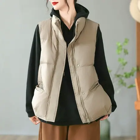 dza 复古短款工字羽绒马甲女秋冬新款宽松外搭上衣休闲白鸭绒马夹图片