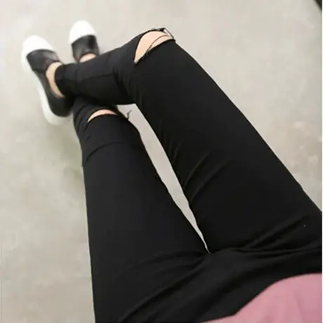 新款夏季2024破洞外穿高腰打底裤女弹力显瘦薄款九分裤乞丐裤黑裤图片