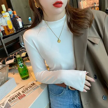 小立领打底衫女秋冬磨毛加厚内搭2023年秋冬款洋气白色半高领上衣商品大图