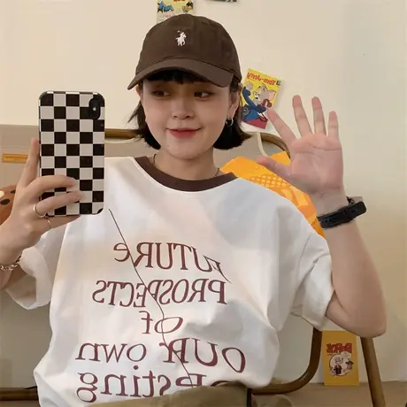 红续港风t恤女2023年夏季新款小个子宽松显瘦纯棉短袖上衣ins潮商品大图