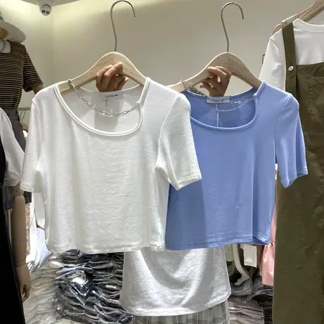 短袖t恤女2021夏季新款不规则宽松显瘦设计感小众短款纯色上衣潮商品大图