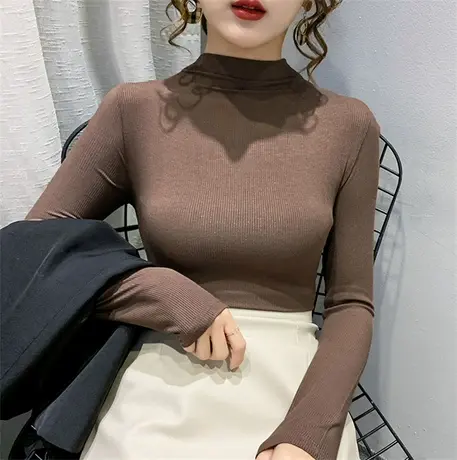 半高领打底衫女洋气中领2023新款秋冬螺纹长袖t恤内搭高级感上衣商品大图