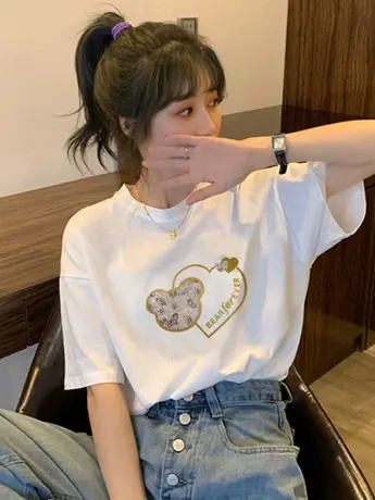 欧货仿棉短袖正肩t恤女2023新款夏季港风chic小众设计感别致上衣商品大图