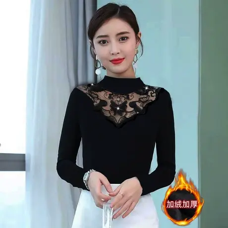 黑色半高领打底衫女长袖薄款修身小衫秋装新款加绒加厚蕾丝上衣商品大图