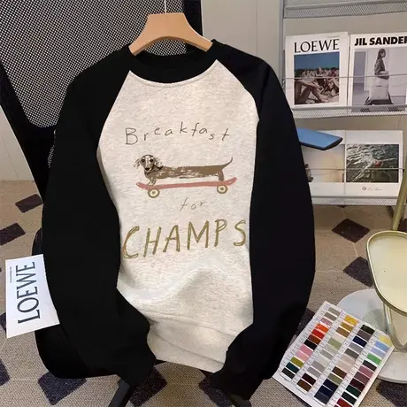 卫衣女大码胖mm秋冬插肩拼色上衣加绒美式复古ins潮情侣圆领外套商品大图