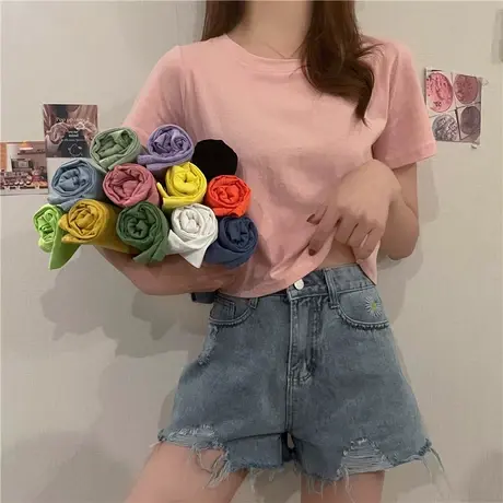 2024夏季新款别致设计感小众短款辣妹上衣正肩短袖t恤女半袖体恤图片