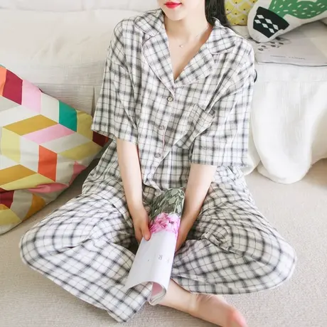 【买一送一】无印风全棉简约清新滚边格纹睡衣上衣长裤宽松家居服商品大图