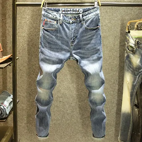 潮流百搭牛仔裤男潮牌水洗修身有型小直筒裤高端韩版弹力休闲长裤商品大图