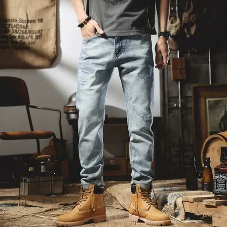 夏季薄款浅色破洞牛仔裤男潮流百搭2022新款修身直筒男士长裤子潮商品大图