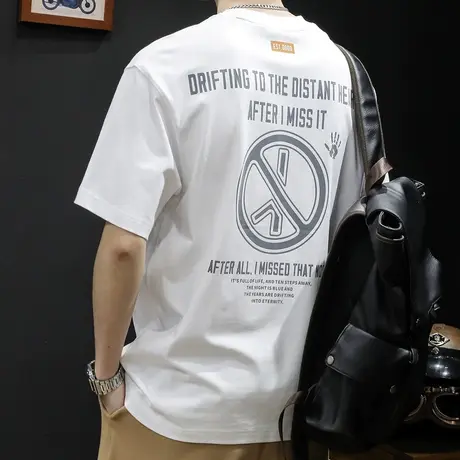 重磅短袖t恤男士宽松大码男装潮牌夏季2024新款纯棉白色美式体恤商品大图