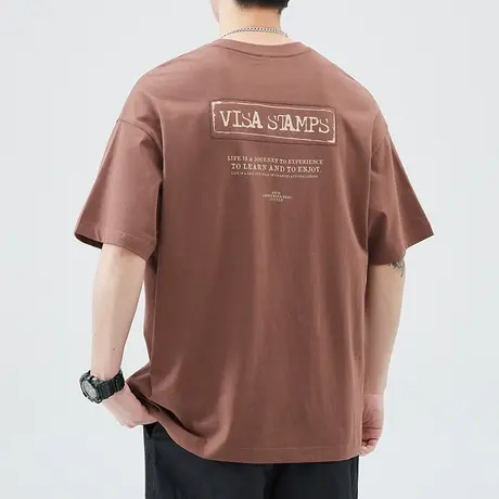 口袋短袖男款夏季t恤男士圆领纯棉体恤后背面字母印花上衣服男生商品大图