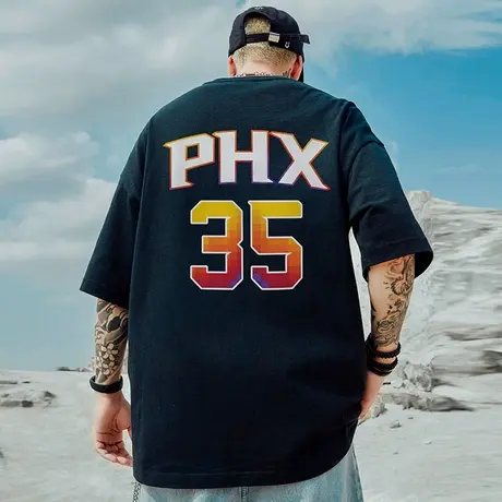 300g重磅美式35号杜兰特球衣短袖t恤大码黑色圆领纯棉简约半袖男商品大图