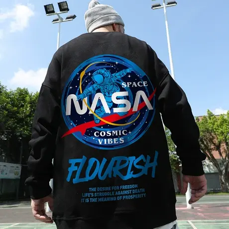 加肥加大码nasa潮牌宇航员胖子印花圆领卫衣加绒男潮流套头衫潮图片