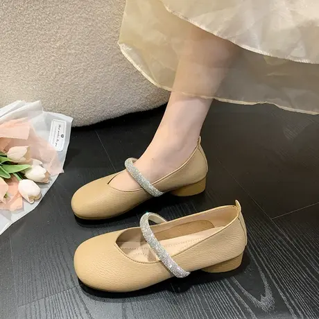 复古水钻玛丽珍鞋女2024年春季新款粗跟单鞋圆头软皮奶奶鞋孕妇鞋商品大图