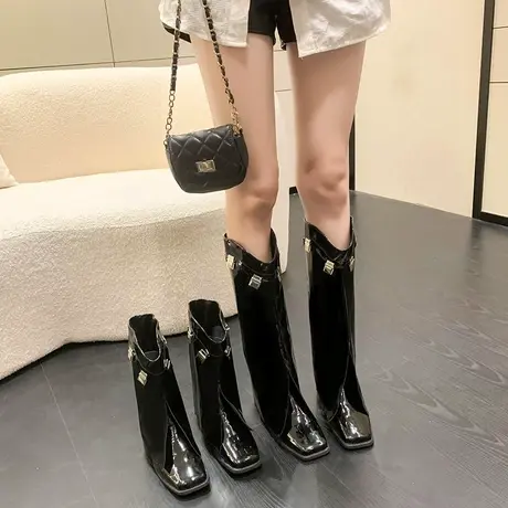 靴子2023新款爆款粗跟方头v口洋气皮靴时装大筒围秋季高筒裤管靴商品大图