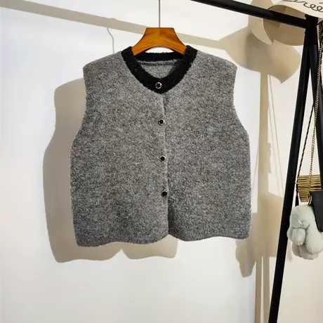 小香风针织马甲开衫女秋冬新款圆领宽松叠穿短款毛衣背心马夹外套商品大图