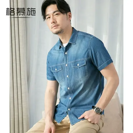【微瑕清仓】夏宽松牛仔短袖衬衫男纯棉上衣美式休闲潮流大码衬衣商品大图