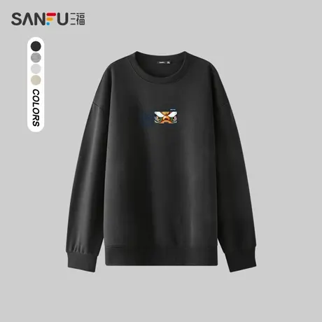 三福2023秋男士都市圆领卫衣  国潮简约宽松狮子眼睛线条476060商品大图