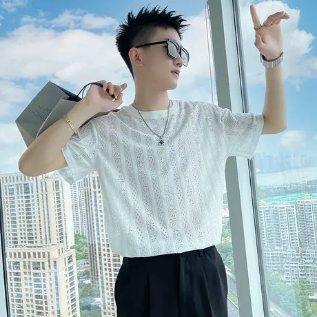 短袖T恤男装修身潮流体恤痞帅高级感潮牌ins薄款镂空学生半袖衣服商品大图