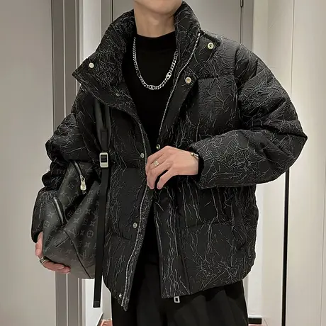 冬季立领棉衣男潮牌肌理纹个性短款棉服2023新款重磅高街棉袄外套图片