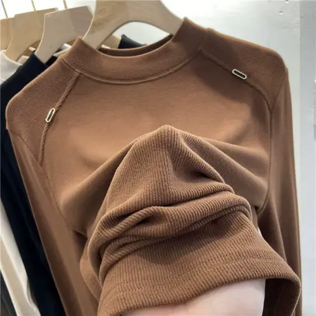 美拉德加绒加厚螺纹长袖T恤女秋冬季新款洋气百搭内搭打底衫上衣商品大图