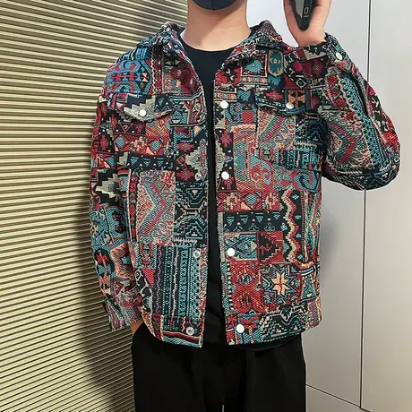 春秋季复古民族风重工花色翻领休闲夹克男个性高级感潮牌百搭外套商品大图