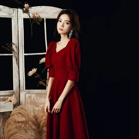 酒红色敬酒服2023新款新娘宴会气质晚礼服裙女中长款夏季平时可穿商品大图
