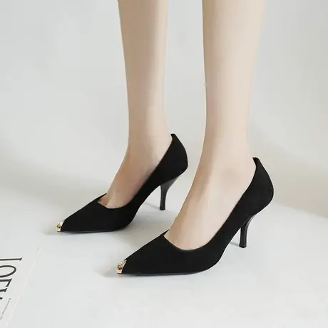 细跟单鞋女春秋季2024年新款尖头浅口高跟鞋黑色简约时尚工作鞋潮商品大图