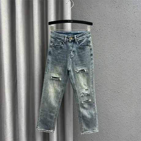 欧货港风复古牛仔直筒裤女2024春季新款破洞高腰显瘦九分烟管裤潮图片