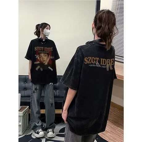 纯棉美式复古短袖t恤女夏季新款设计感潮牌宽松欧货大版上衣洋气商品大图