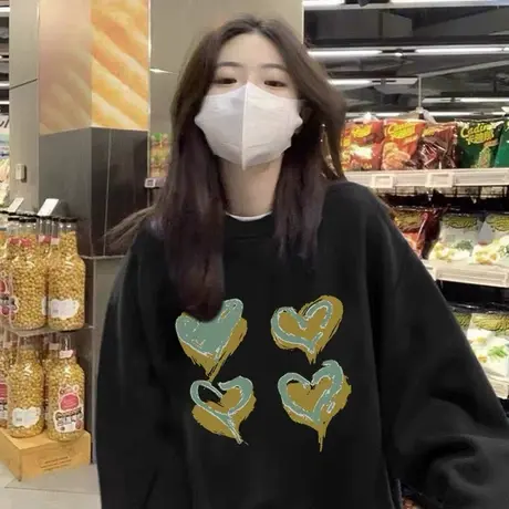 艺术生奶甜爱心印花设计感卫衣女ins潮宽松春秋薄款美式复古上衣图片