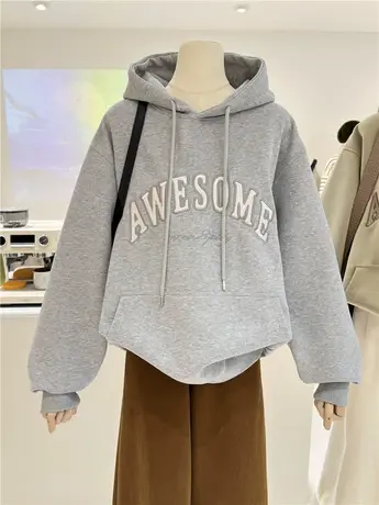 美式复古精致刺绣字母慵懒BF风宽松显瘦休闲连帽卫衣女帽衫外套图片